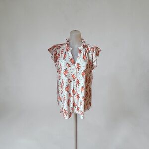 MELLODAY White Blouse with Red Floral Print and Ruffle Neck